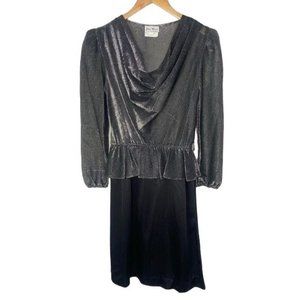 Vintage 80s Womens shiny dress silver top black skirt size 5